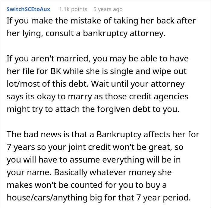 Screenshot of a Reddit comment discussing consequences of finding out fiancée is keeping secrets involving bankruptcy and debt.
