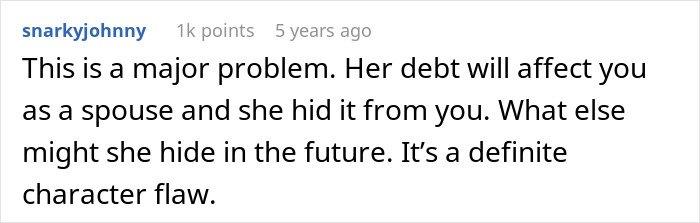 Comment highlighting how hidden debt reveals fiancée’s secrets, leading to trust issues before wedding cancellation.