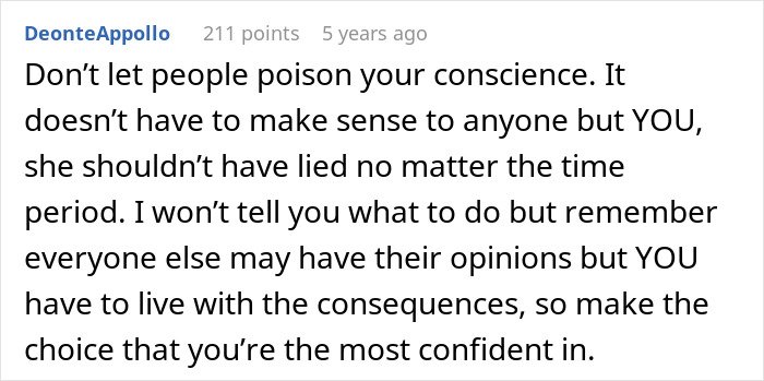 Comment about a guy calling off wedding after fiancée keeping secrets, advising to trust your own conscience and choices.