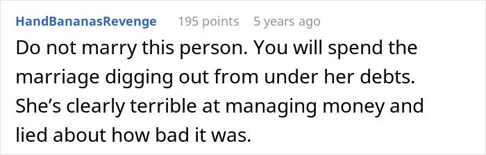 Online comment warning about fiancée keeping secrets leading to guy calling off wedding over financial issues.