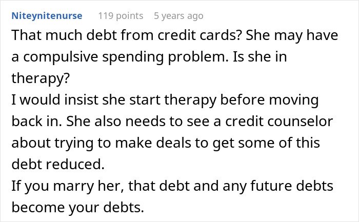 Comment discussing concerns about credit card debt and compulsive spending before marriage in a relationship with secrets.