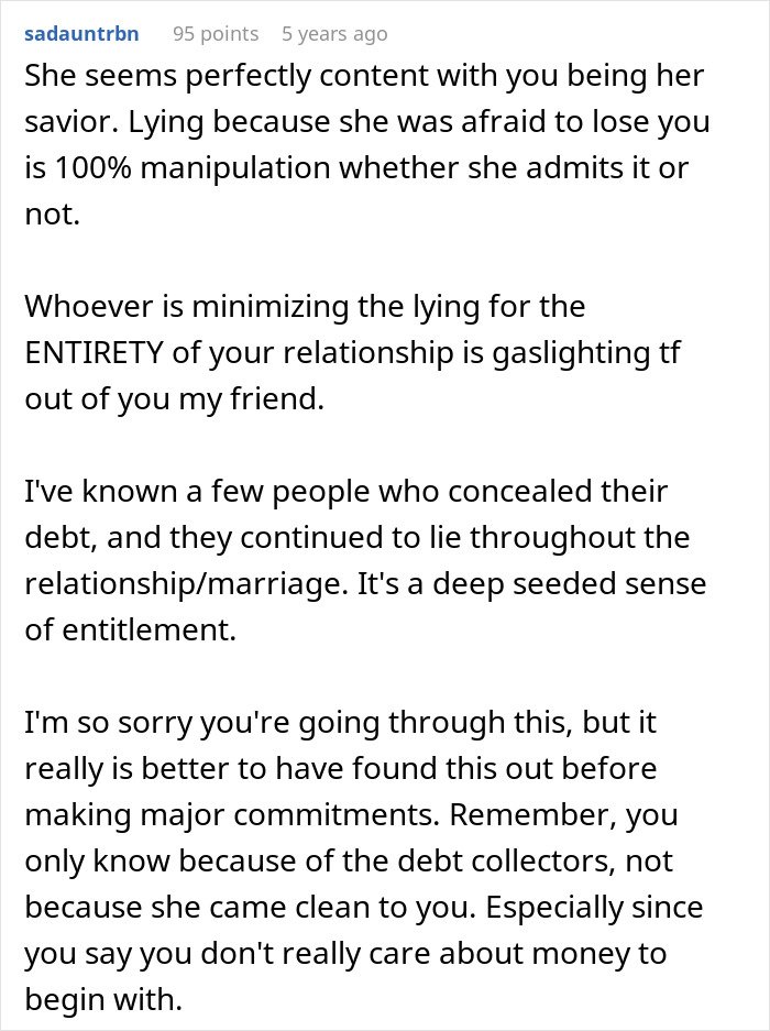 Reddit comment explaining manipulation and lying where a guy calls off wedding after fiancée is keeping secrets from him.