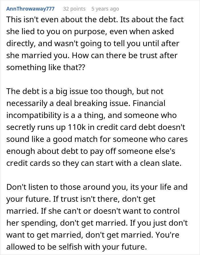 Comment about trust issues causing guy to call off wedding after fiancée's secret financial debt revealed.