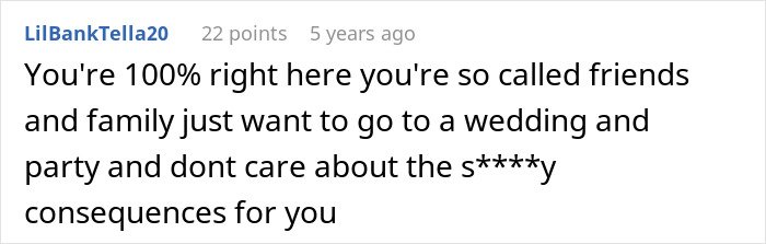Comment discussing how friends and family only focus on attending a wedding without caring about consequences after fiancé keeps secrets.