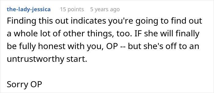 Screenshot of a forum comment discussing trust issues after a guy calls off wedding due to fiancée keeping secrets.