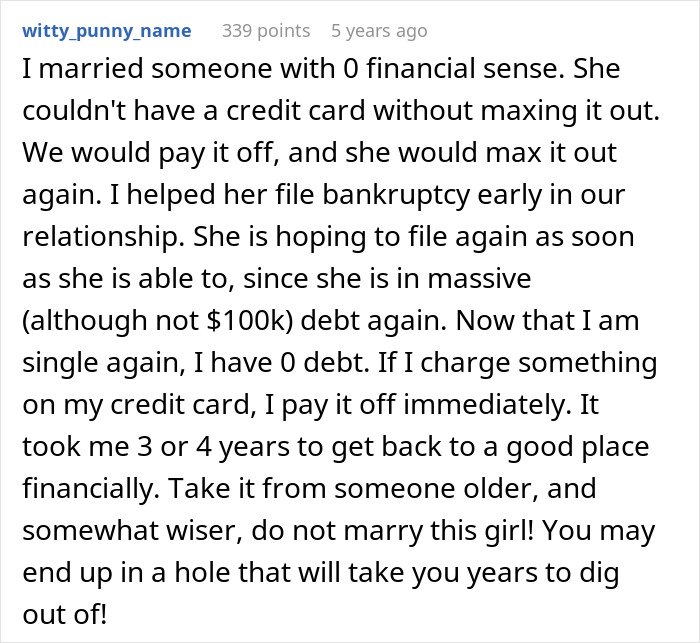 Comment from user about financial struggles in marriage, related to guy calling off wedding after fiancée's secrets exposed.
