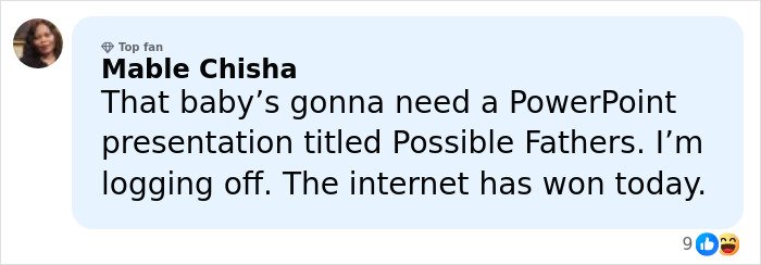 Comment from Mable Chisha humorously referencing Bonnie Blue's pregnancy and the possible fathers after 400-men challenge.