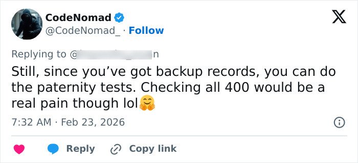 Screenshot of a tweet discussing paternity tests and checking all 400 men after Bonnie Blue's pregnancy announcement.