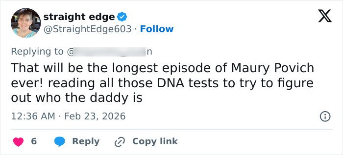 Tweet discussing longest Maury Povich episode reading DNA tests to figure out who's the dad in Bonnie Blue pregnancy 400-men challenge.