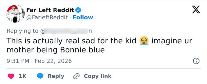 Tweet from Far Left Reddit expressing sympathy about Bonnie Blue's pregnancy and the challenge involving 400 men.