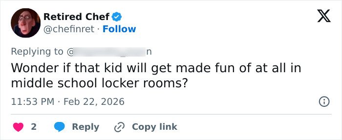 Tweet from Retired Chef questioning if a kid will be made fun of in middle school locker rooms after a 400-men paternity challenge.