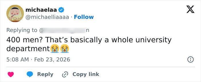 Tweet reacting to Bonnie Blue pregnancy announcement after 400-men challenge with crying emojis and disbelief.