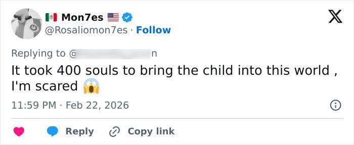 Screenshot of a tweet mentioning Bonnie Blue's pregnancy after a 400-men challenge, expressing surprise and fear.