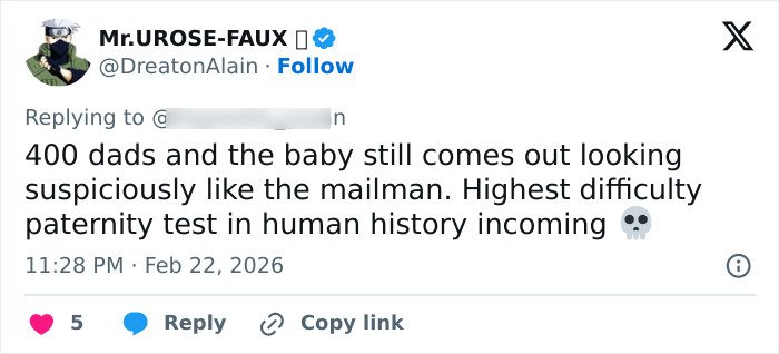 Screenshot of a tweet joking about paternity test difficulty after 400-men challenge in Bonnie Blue pregnancy case.