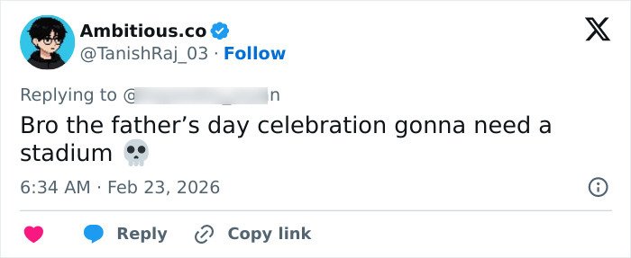 Tweet by Ambitious.co joking about a father's day celebration needing a stadium referencing the 400-men pregnancy challenge.