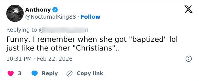 Screenshot of a Twitter reply mentioning a baptism, related to the Who's The Dad Bonnie Blue pregnancy challenge.