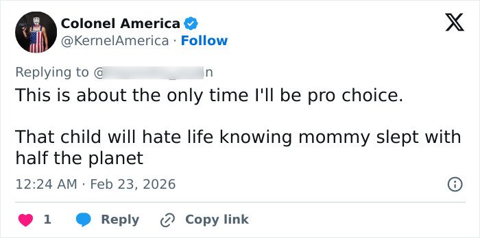 Screenshot of a tweet commenting on Bonnie Blue's pregnancy after her 400-men challenge controversy.