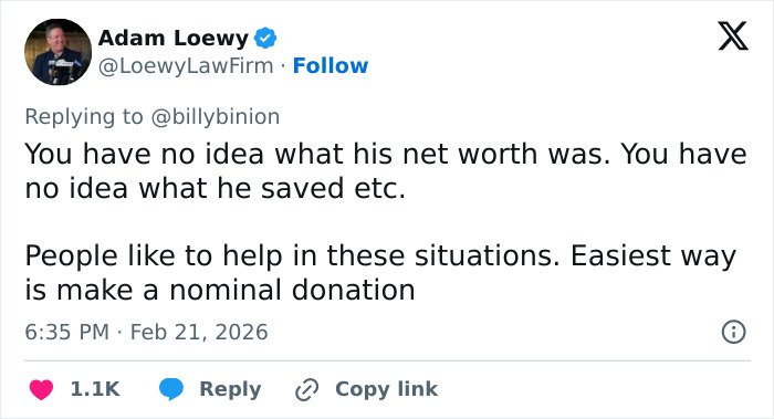 Tweet discussing backlash over GoFundMe for Eric Dane’s daughters and comments on rich people asking for money.