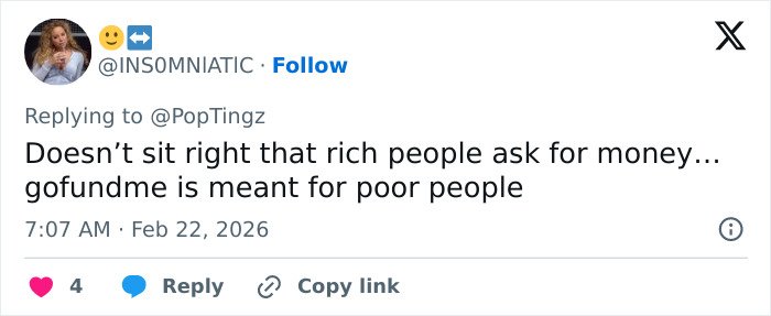 Tweet expressing backlash against GoFundMe for Eric Dane's daughters, criticizing rich people asking for money online.