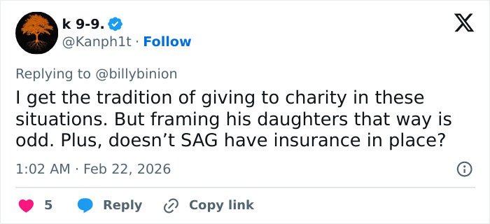 Screenshot of a tweet discussing the GoFundMe for Eric Dane's daughters and questions about charity and insurance.