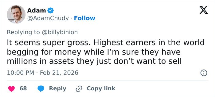 Tweet by Adam Chudy criticizing rich people begging for money, relating to GoFundMe for Eric Dane’s daughters controversy.