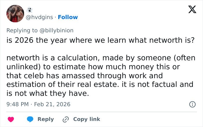 Tweet explaining net worth as an estimate, in a discussion about GoFundMe for Eric Dane's daughters and related backlash.