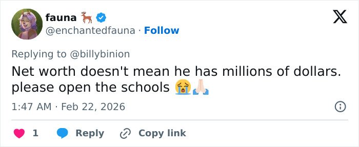 Tweet discussing net worth and plea to open schools amid backlash on GoFundMe for Eric Dane's daughters.