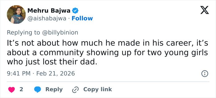 Screenshot of a Twitter reply discussing community support for Eric Dane's daughters after backlash on GoFundMe fundraiser.