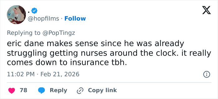 Screenshot of a tweet discussing Eric Dane and challenges with insurance and nursing care related to his family fundraising.