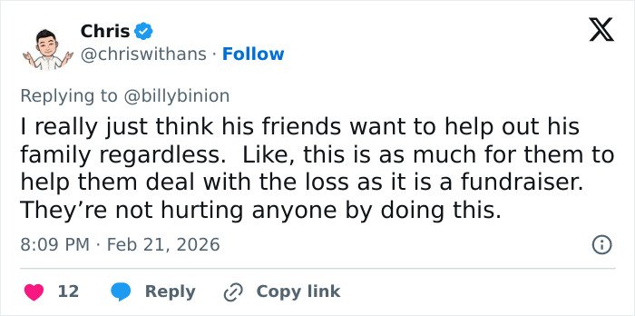 Screenshot of a social media reply discussing the GoFundMe for Eric Dane's daughters amid backlash over rich people asking for money.