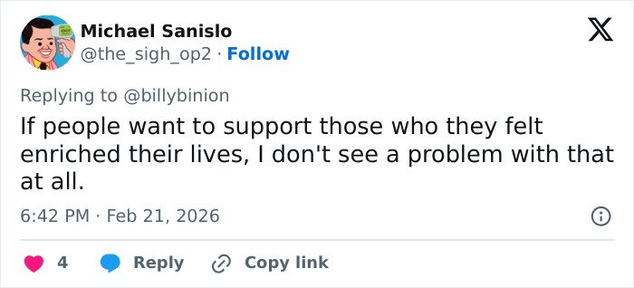 Tweet from Michael Sanislo replying about supporting people who enriched their lives amid GoFundMe backlash for Eric Dane's daughters.