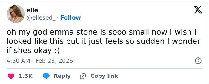 Social media post expressing concern over Emma Stone’s cadaverous appearance at the 2026 BAFTAs event.