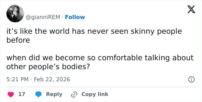 Tweet discussing concerns about Emma Stone's cadaverous appearance and body image commentary at the 2026 BAFTAs.