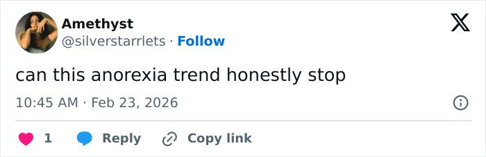 Tweet from user Amethyst questioning the anorexia trend, posted at 10:45 AM on February 23, 2026.