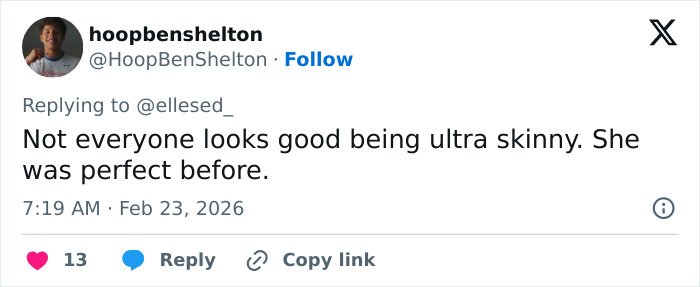 Tweet expressing concern about Emma Stone's cadaverous appearance at the 2026 BAFTAs, mentioning her ultra skinny look.