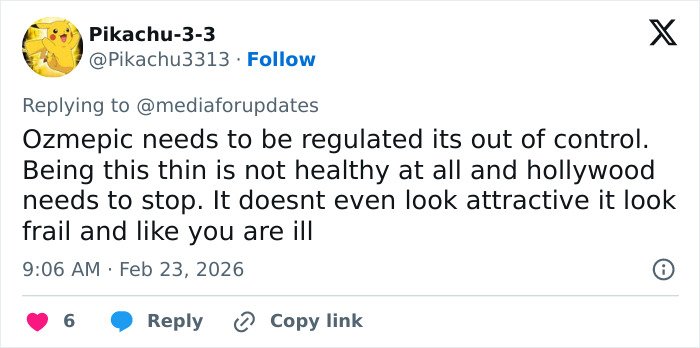 Tweet criticizing Emma Stone's cadaverous appearance at the 2026 BAFTAs, highlighting concerns about unhealthy thinness.