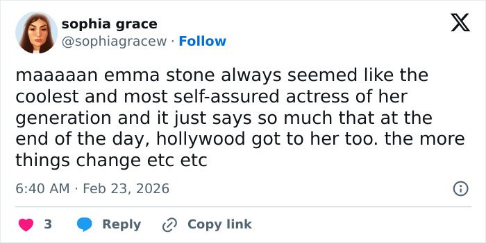 Tweet expressing concern about Emma Stone's cadaverous appearance sparking major discussions at the 2026 BAFTAs event.