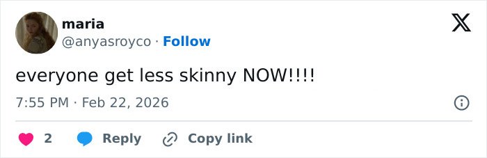 Screenshot of a tweet expressing concern, mentioning everyone to get less skinny amid Emma Stone's cadaverous appearance at 2026 BAFTAs.