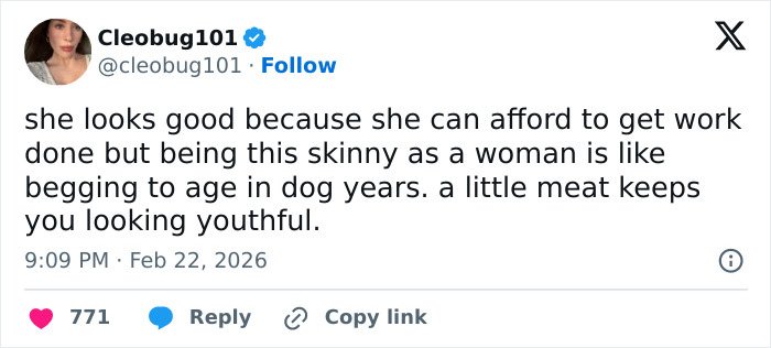 Tweet discussing Emma Stone's cadaverous appearance and concerns about her skinny look at the 2026 BAFTAs event.