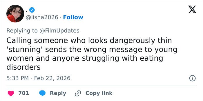 Screenshot of a tweet discussing concerns about Emma Stone's cadaverous appearance at the 2026 BAFTAs and its impact on viewers.