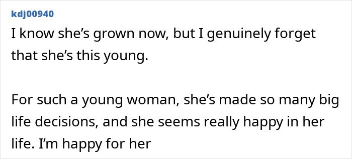 Comment expressing surprise at Millie Bobby Brown’s young age and happiness despite big life decisions.
