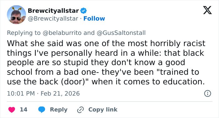 Tweet screenshot showing outrage over teacher's abhorrent hot-mic moment with shocking racist remarks about students.