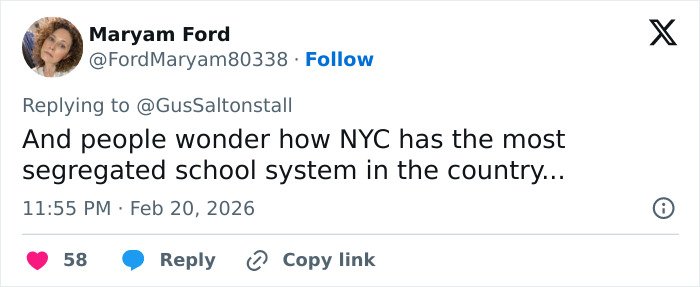 Tweet discussing NYC's school system segregation amid outrage over teacher's abhorrent hot-mic moment shocking students.