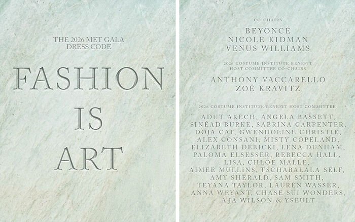 Met Gala 2026 dress code announcement with fashion is art text and celebrity co-chair names on textured background.
