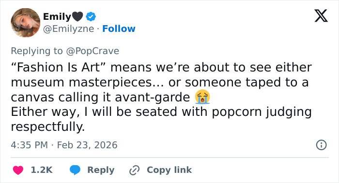 Screenshot of a tweet about the Met Gala 2026 dress code causing controversy over its underwhelming fashion expectations.