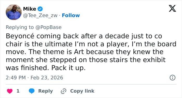 Screenshot of a tweet reacting to the Met Gala 2026 dress code announcement, sparking controversy online.