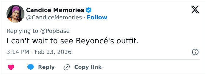 Tweet by Candice Memories expressing excitement to see Beyonc&eacute;&rsquo;s outfit amid Met Gala 2026 dress code controversy.