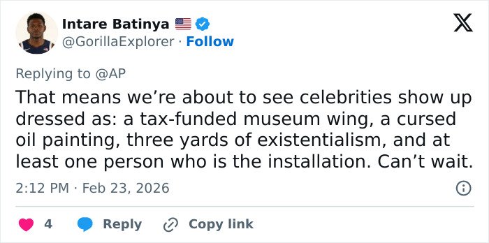 Tweet by Intare Batinya reacting to the Met Gala 2026 dress code announcement with sarcasm and skepticism.