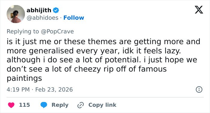 Screenshot of a tweet criticizing the Met Gala 2026 dress code, calling it underwhelming and overly generalized.