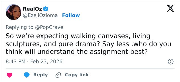 Screenshot of a tweet discussing Met Gala 2026 dress code, highlighting expectations of walking canvases and pure drama.